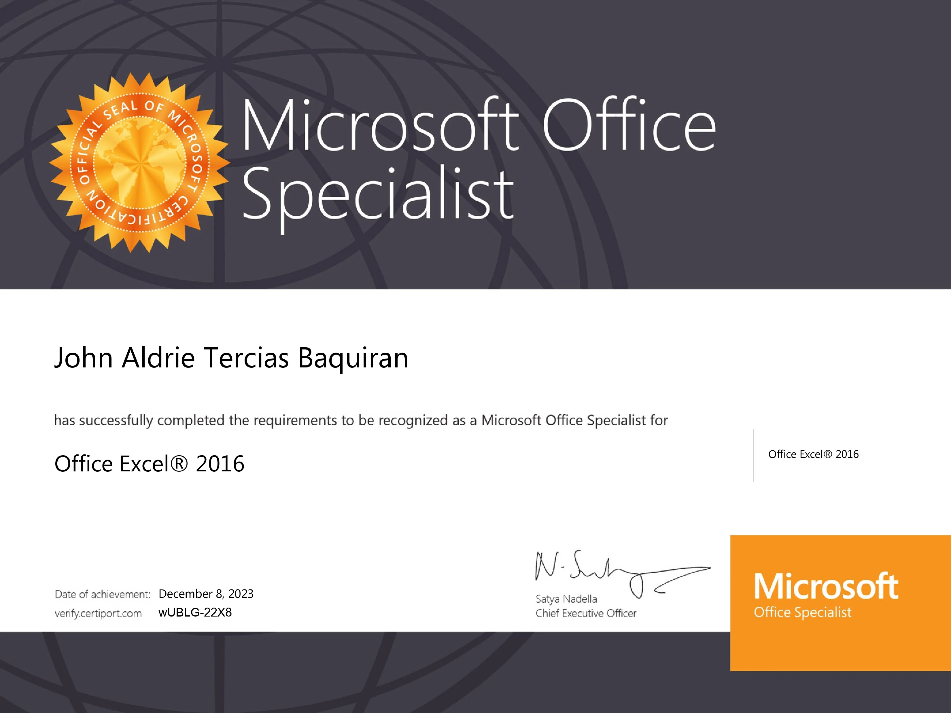 Microsoft Excel Certificate